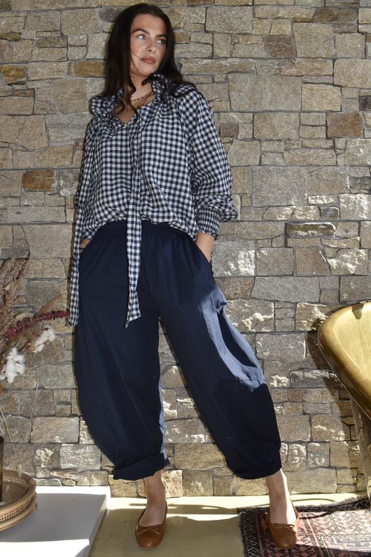 Nonni Gingham Poet Blouse Navy